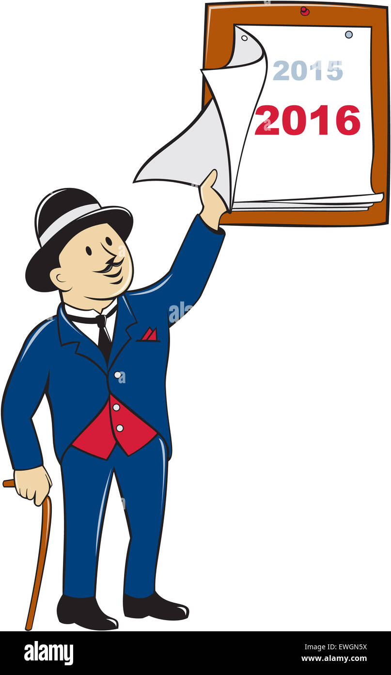 Abbildung eines alten Mannes trägt Melone mit Rohrstock abziehen einer Seite Kalender 2015 und 2016 auf isolierten weißen Hintergrund im Cartoon-Stil gemacht. Stockfoto