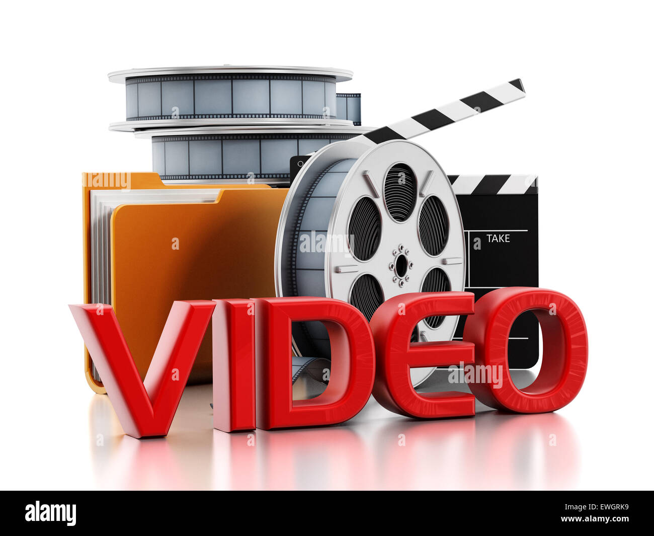 Film Rollen, gelben Ordner-Symbol, Schindeln und Video Text isoliert auf weißem Hintergrund Stockfoto
