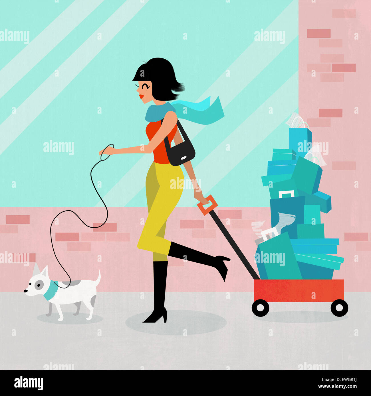 Schöne Dame ziehen Einkaufswagen mit riesigen Haufen von Taschen zusammen mit ihrem Haustier Stockfoto