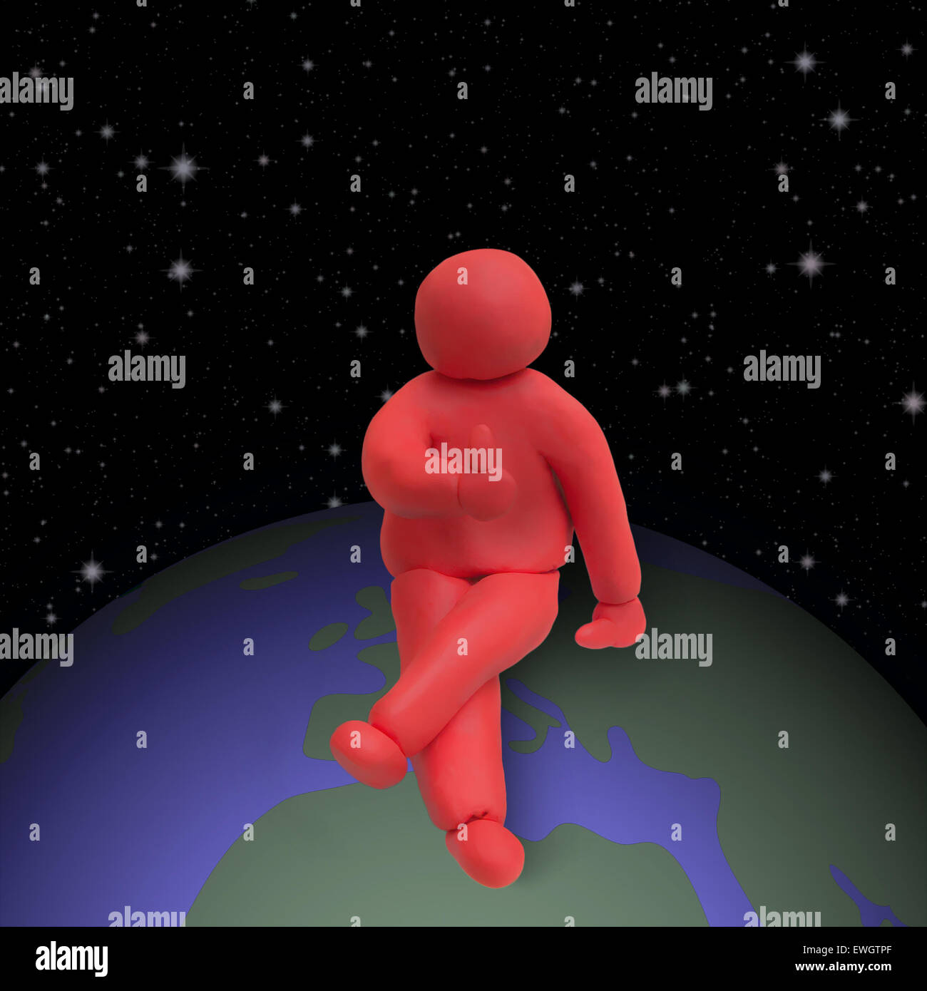 Erfolgreicher Mann. 3D Abbildung eines Mannes Figur sitzt auf der Erde. Stockfoto