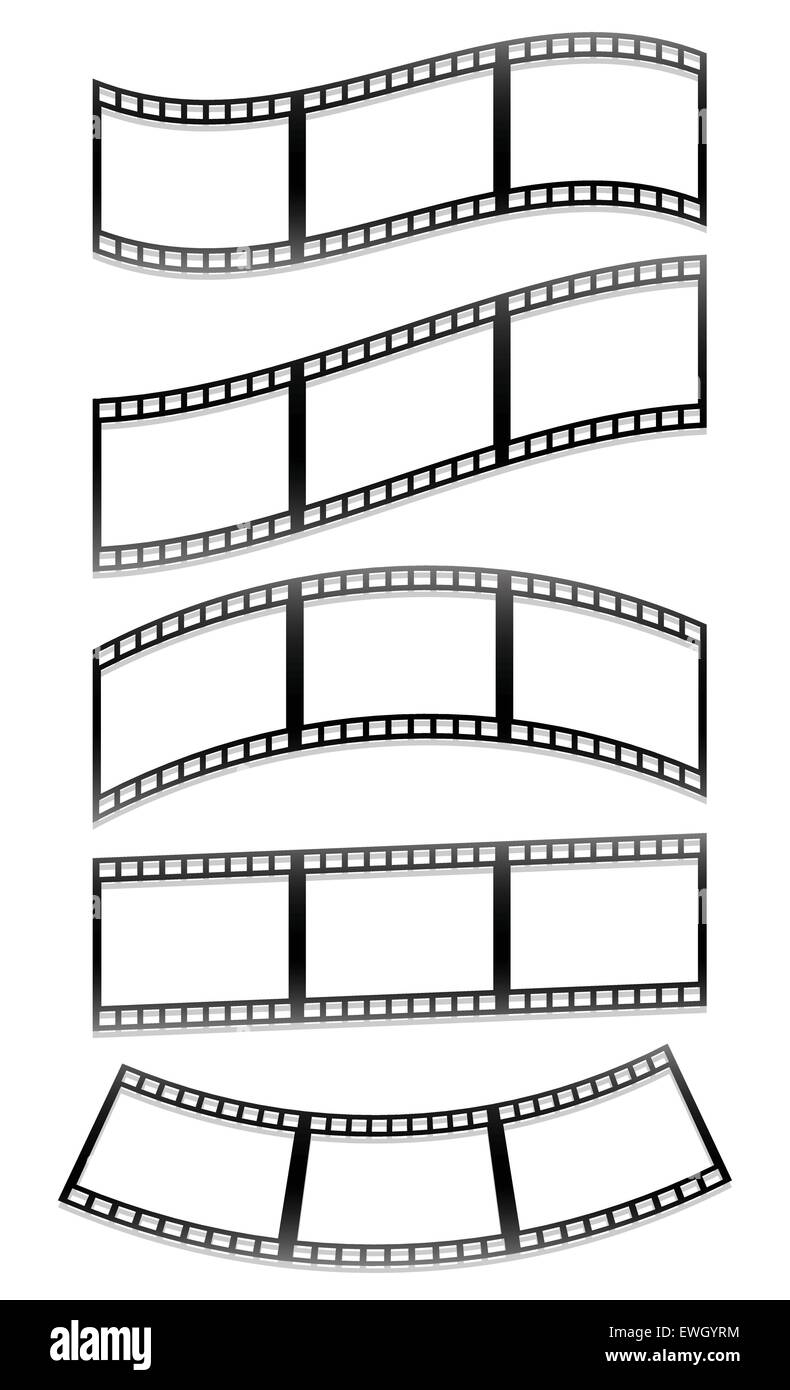 Filmstreifen, isoliert auf weiss Filmframes mit unterschiedlichen Verzerrungen (Lichtbögen, winken). Stock Vektor