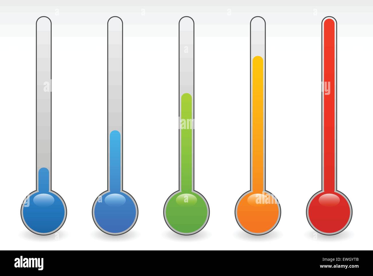 steigende Thermometer Thermograph Satz. Vektor-Elemente. Temperatur, Klima-Konzepte. Stock Vektor