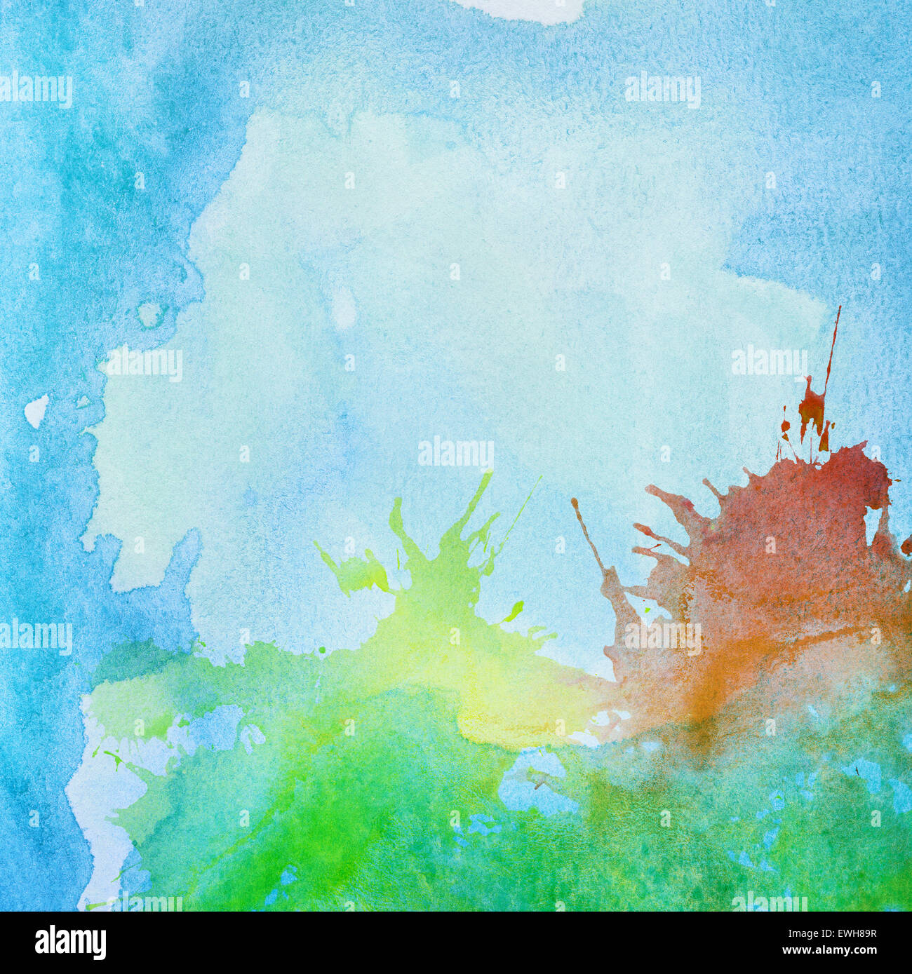 Bunte abstrakte malte Aquarell Wasser, Meer oder andere blaue Flüssigkeit, mit verschiedenen Farben Spritzer. Stockfoto