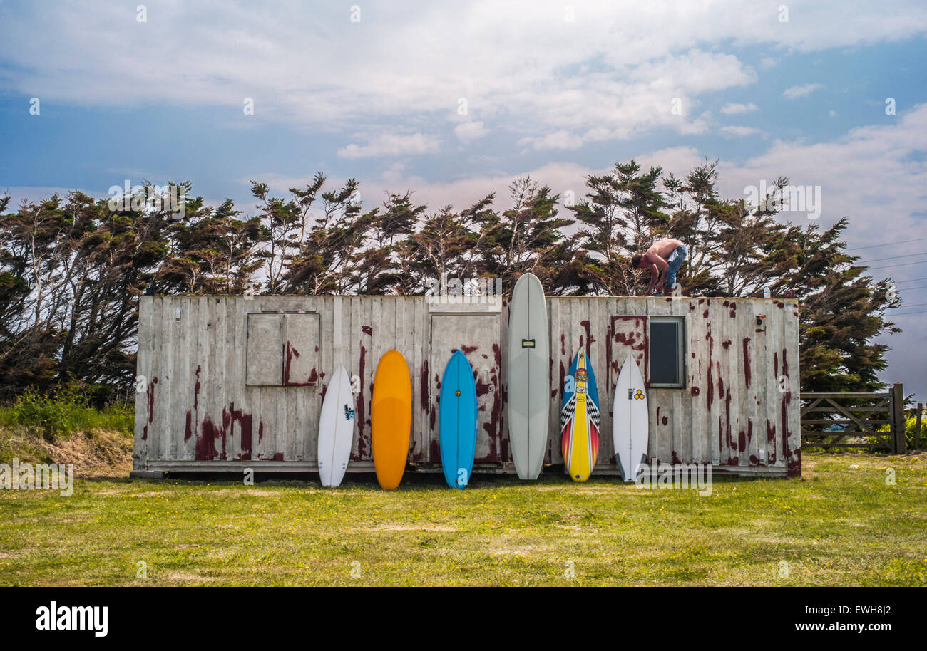 Köcher von Surfbrettern gegen einen Container mit einem Mann Malerei das Dach im Sommer. Stockfoto