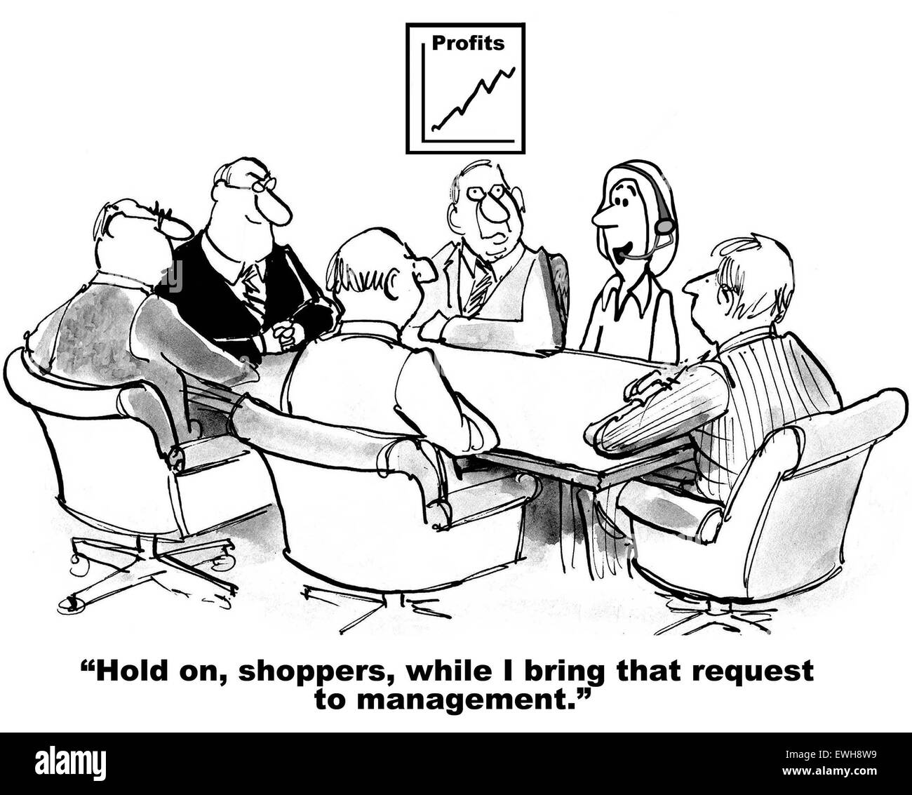 Geschäft Cartoon Frau sagte: "hold on, Shopper, während ich diesen Antrag an das Management zu bringen". Stockfoto