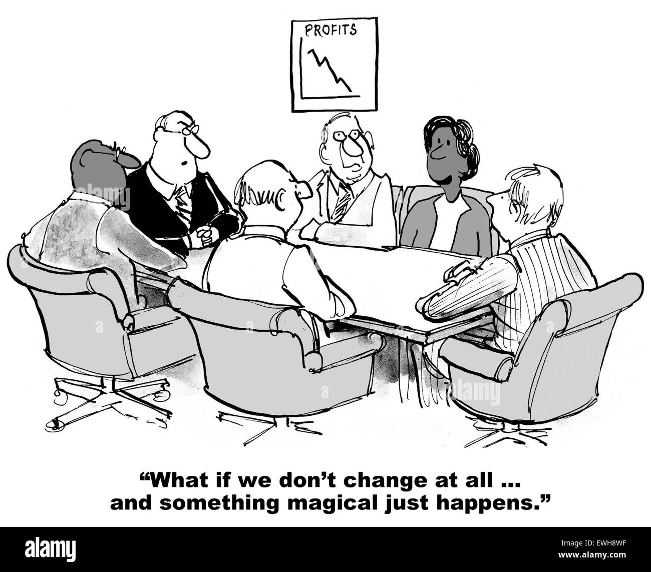Geschäft Karikatur des schwarzen Geschäftsfrau sagt: "was passiert, wenn wir nicht überhaupt ändern und etwas Magisches passiert einfach". Stockfoto