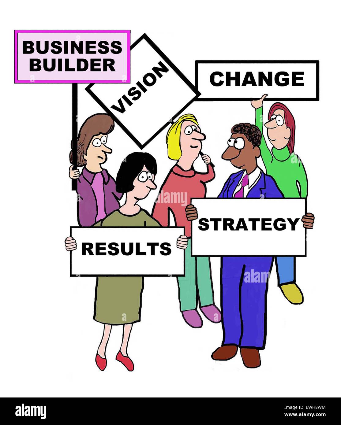 Geschäft-Cartoon von Leuten mit Schildern für "Business Builder: Änderung, Strategie, Vision, Ergebnisse. Stockfoto