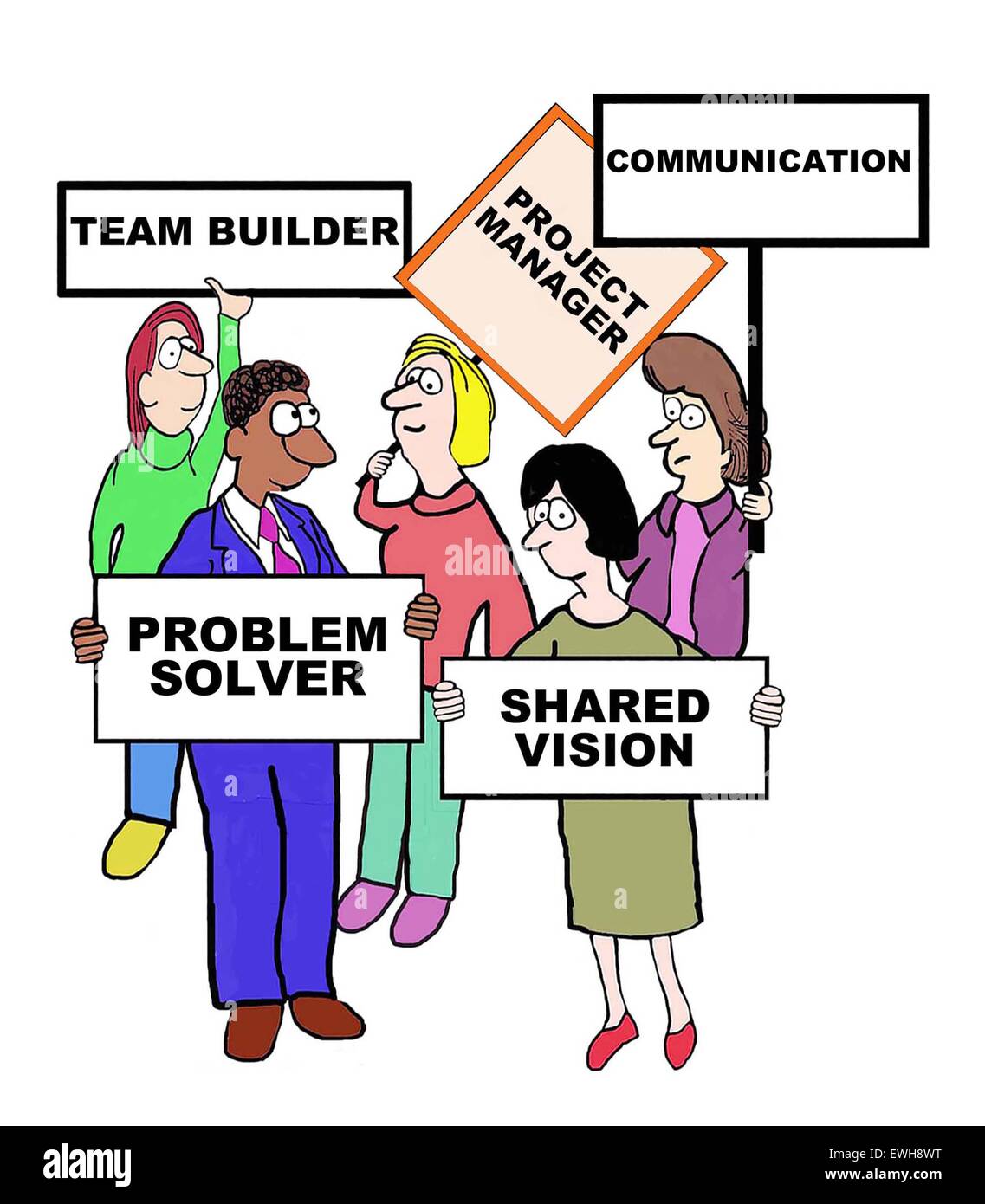 Business-Cartoon von Geschäftsleuten mit Schildern, "Projekt-Manager: team Builder, Kommunikation, gemeinsame Vision, Problemlöser". Stockfoto