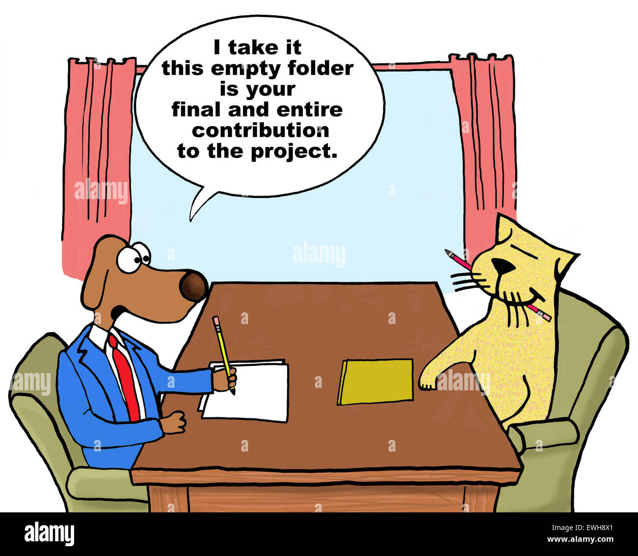 Business-Cartoon von Geschäft Hunde- und Katzenfutter, "Ich gehe davon aus das leerer Ordner ist Ihre endgültige und vollständige Beitrag zum Projekt". Stockfoto
