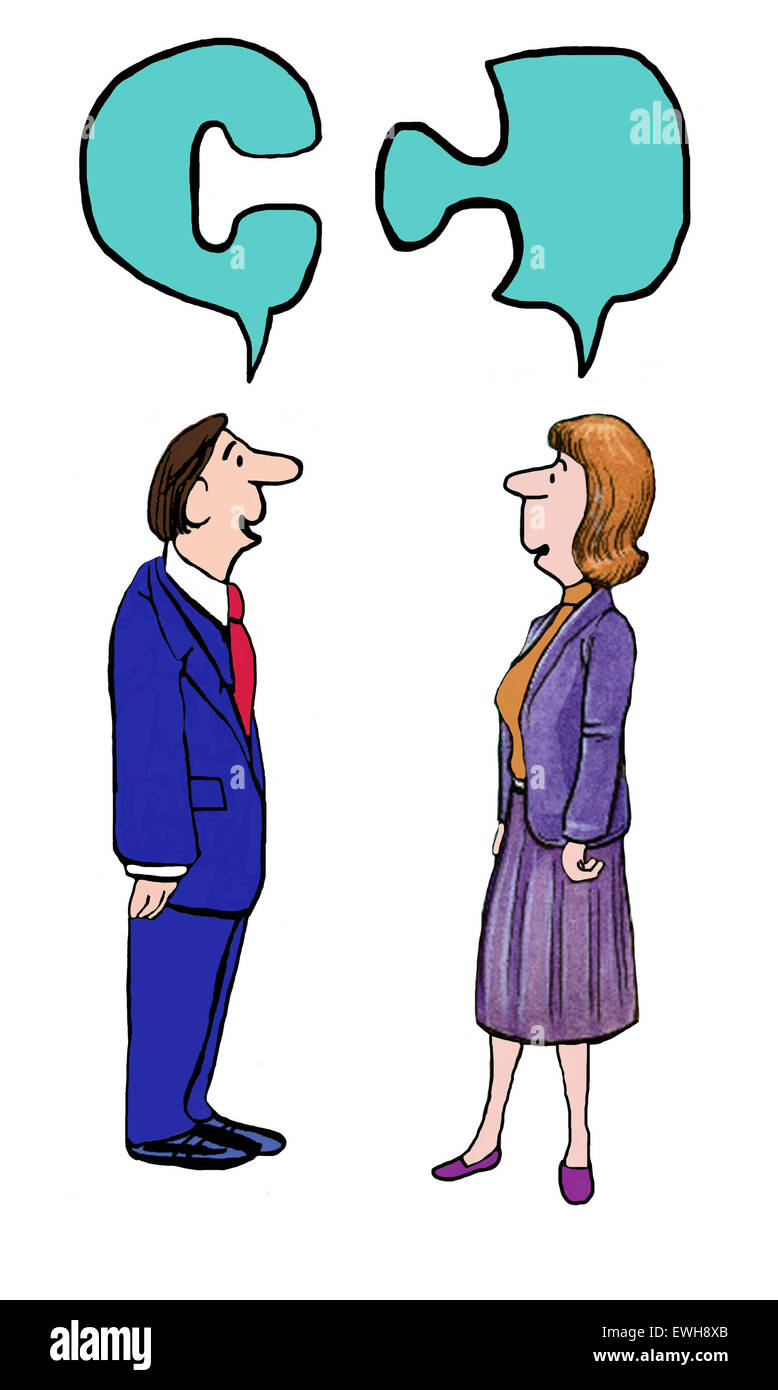 Business-Cartoon von zwei Geschäftsleuten ein geschäftliches Problem, ein Puzzle zu lösen. Stockfoto