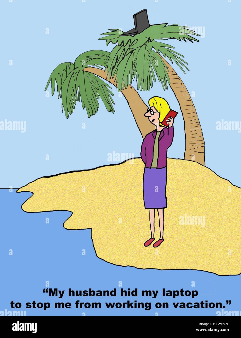 Business-Cartoon von Frau auf Workcation, "Mann versteckte Laptop um mich im Urlaub Arbeiten hindern". Stockfoto
