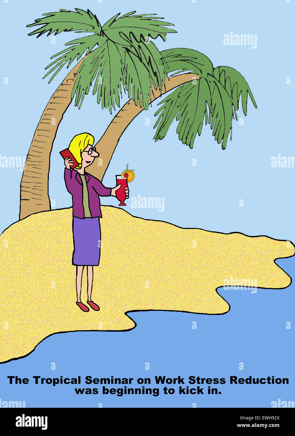 Business-Cartoon der Geschäftsfrau auf Insel, "die tropischen Seminar zum Thema Arbeit Stressabbau anfing zu treten in". Stockfoto