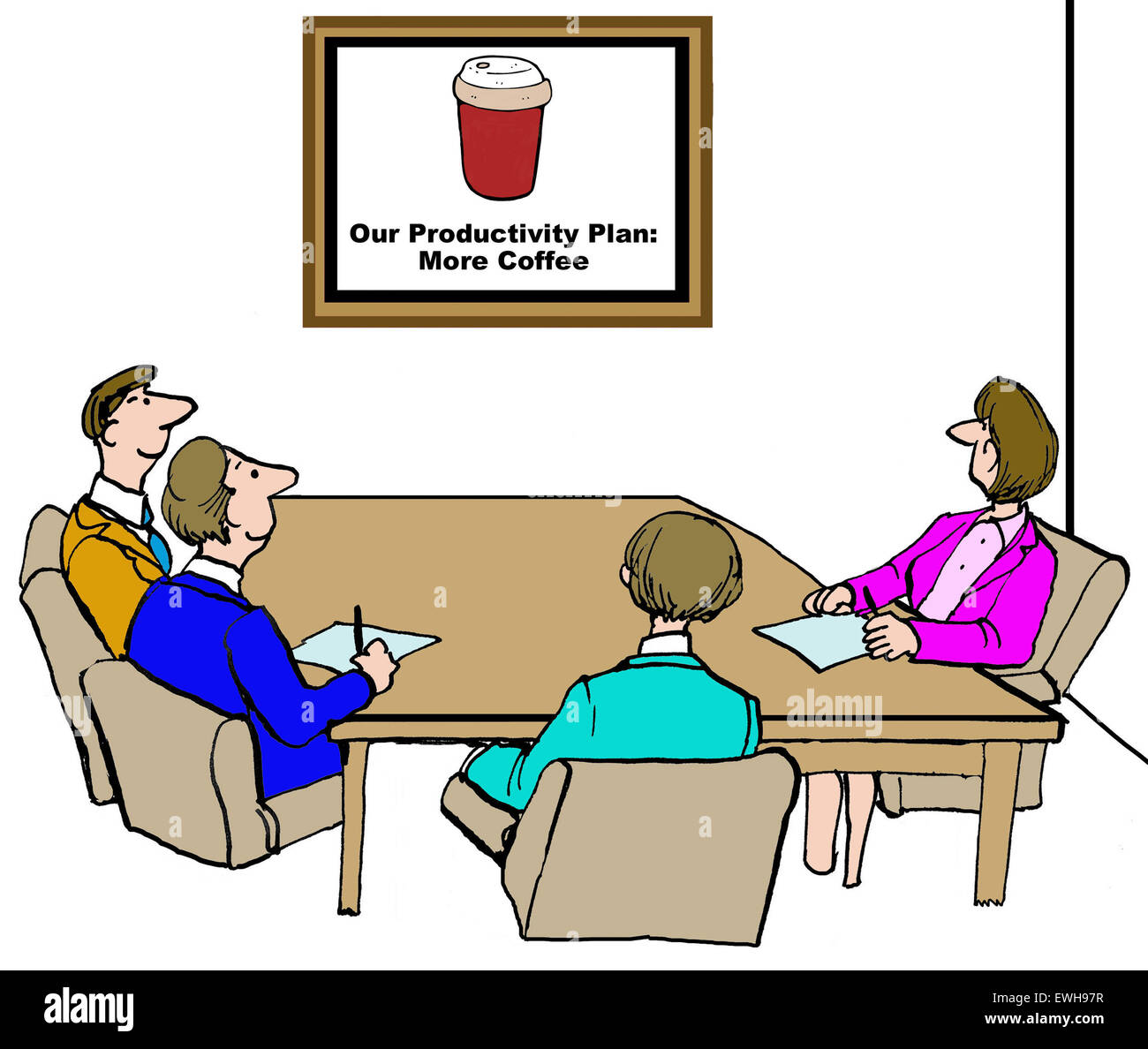 Business-Cartoon von Tagungs- und Diagramm, das liest, "unsere Produktivität Plan: mehr Kaffee". Stockfoto