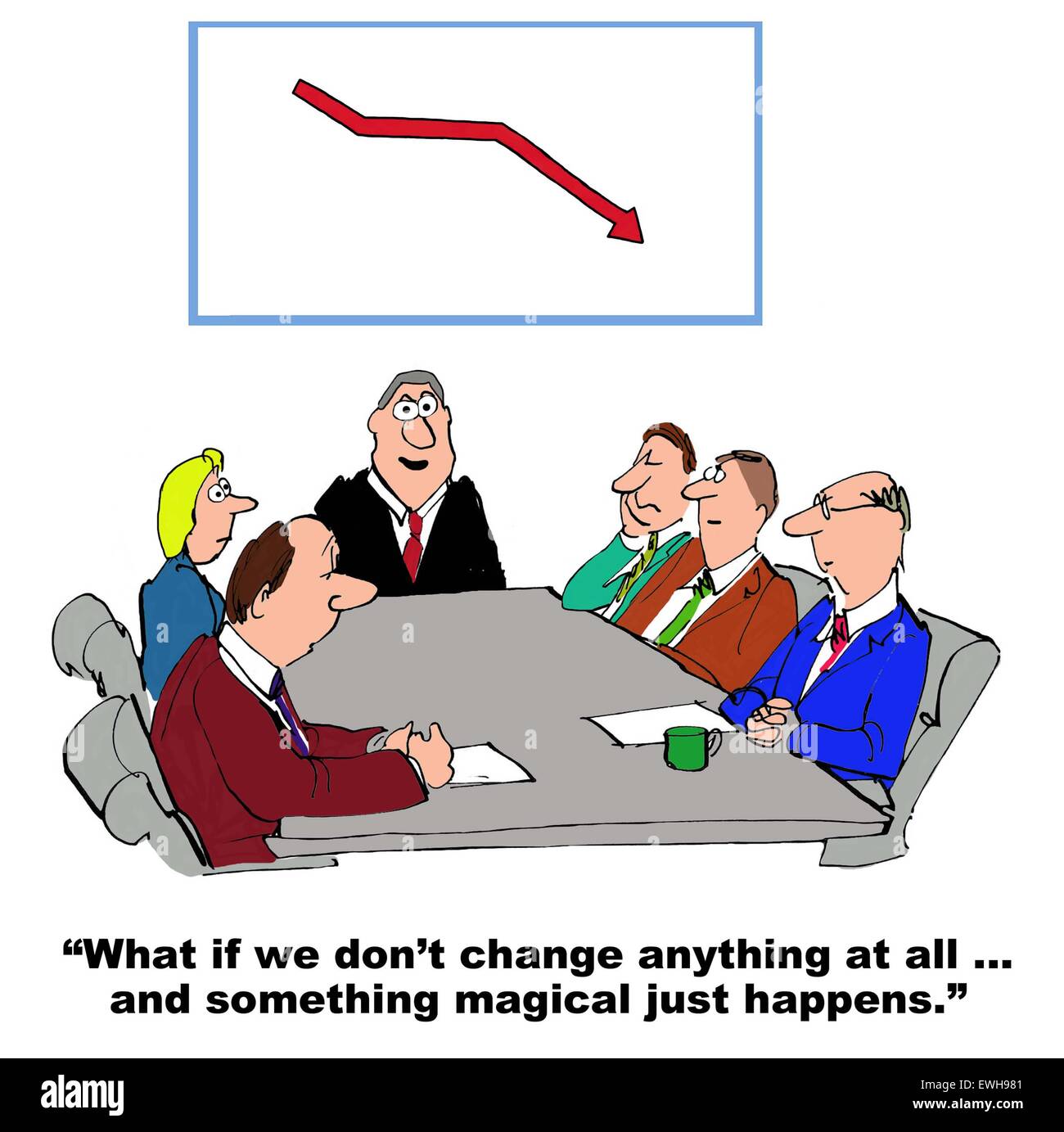 Business-Cartoon zu treffen und sinkende Umsätze, "was passiert, wenn wir nicht alles überhaupt ändern... und etwas Magisches passiert einfach" Stockfoto