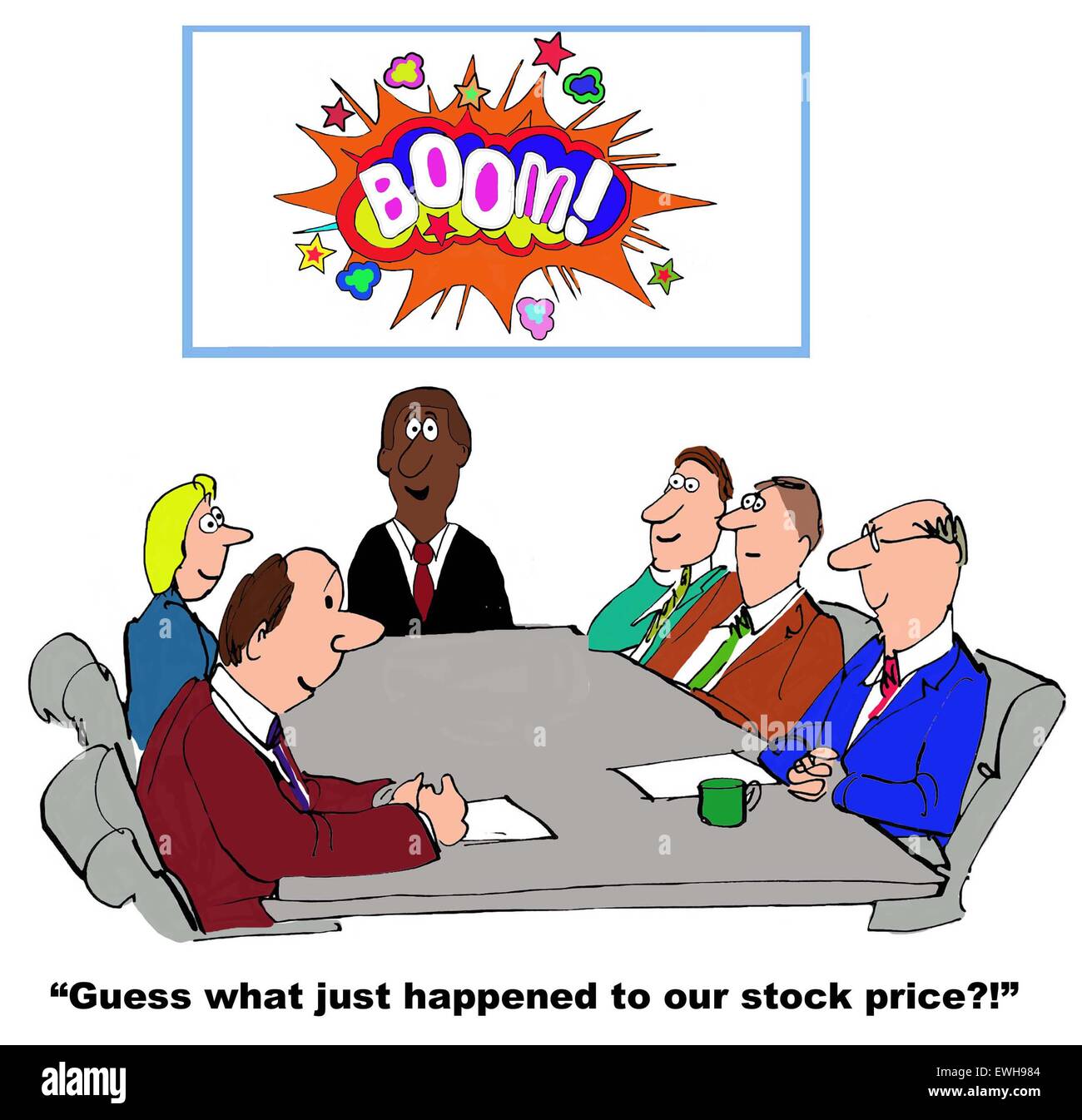 Business-Cartoon der Begegnung, Diagramm, das sagt "boom" und Führer sagen, "erraten, was nur um unseren Aktienkurs passiert". Stockfoto