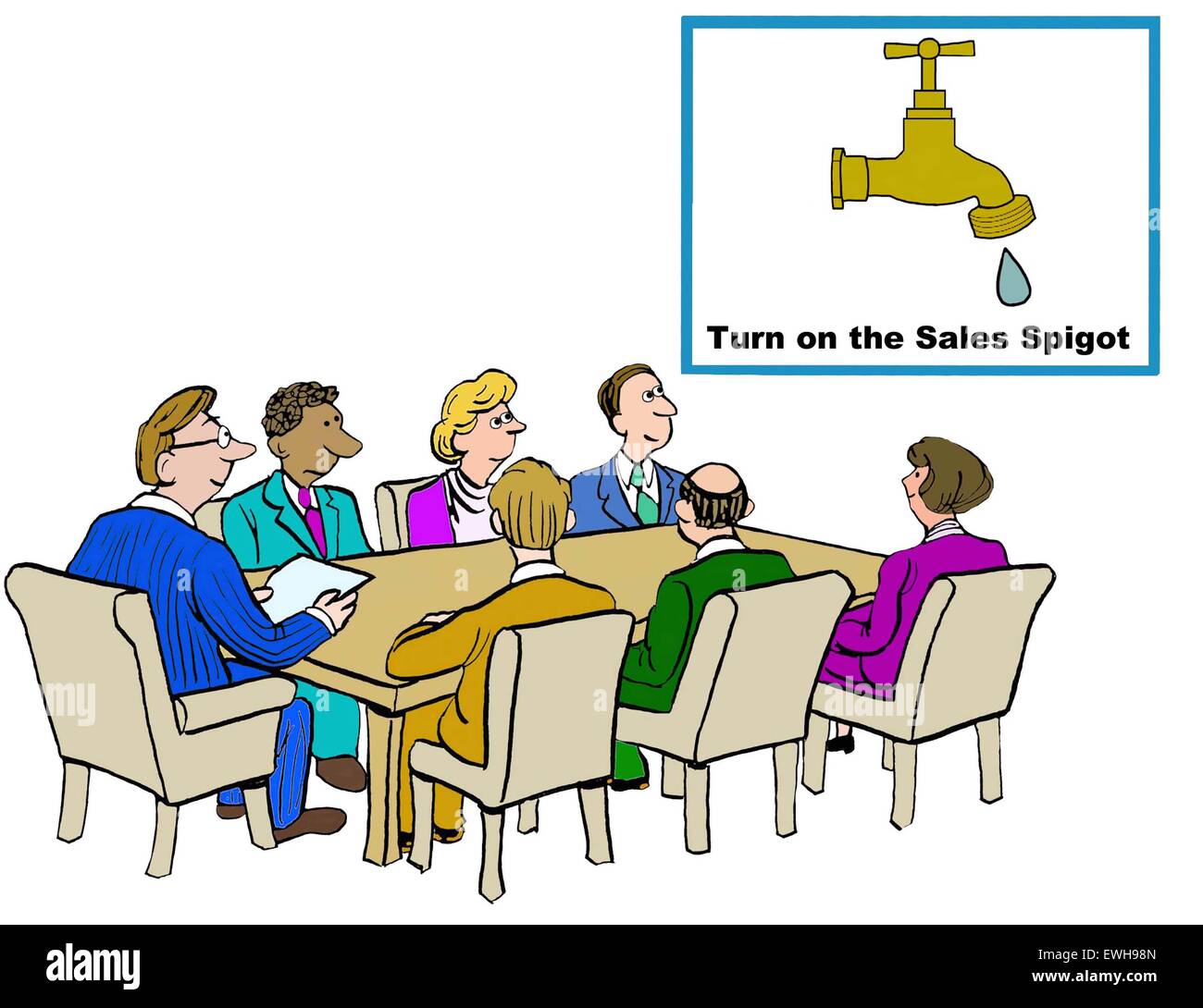 Business-Cartoon von Tagungs- und Diagramm, das liest, "schalten Sie den Vertrieb Zapfen". Stockfoto