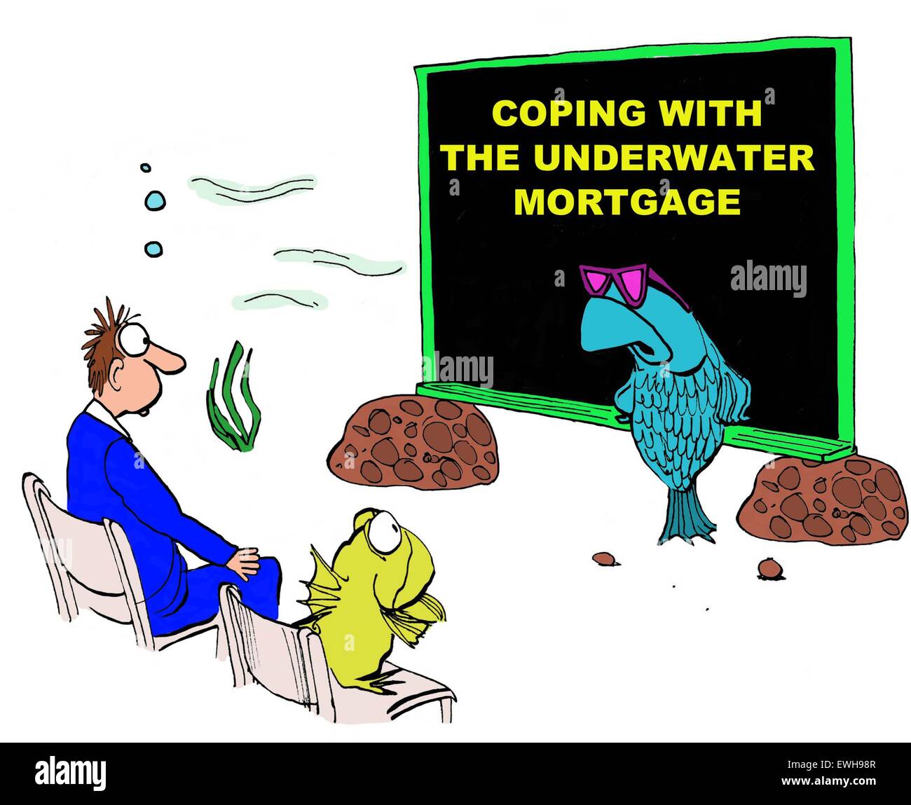 Geschäft Cartoon Geschäft Fische führt ein Unterwasser-Seminar "Umgang mit dem Unterwasser-Hypothek". Stockfoto