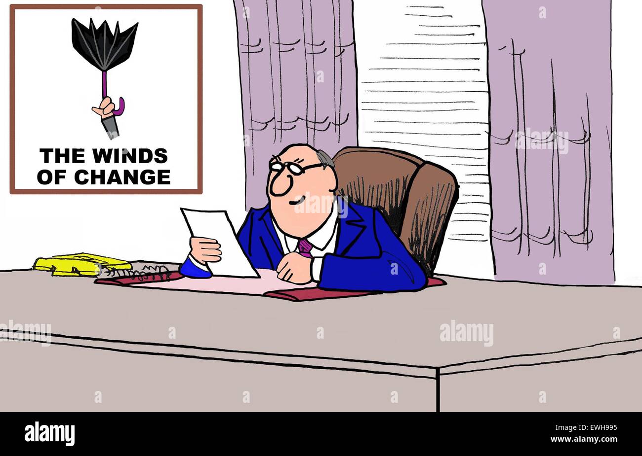Business-Cartoon von Geschäftsmann lesen Memo und hat Wandkunst, die besagt, "der Wind des Wandels". Stockfoto