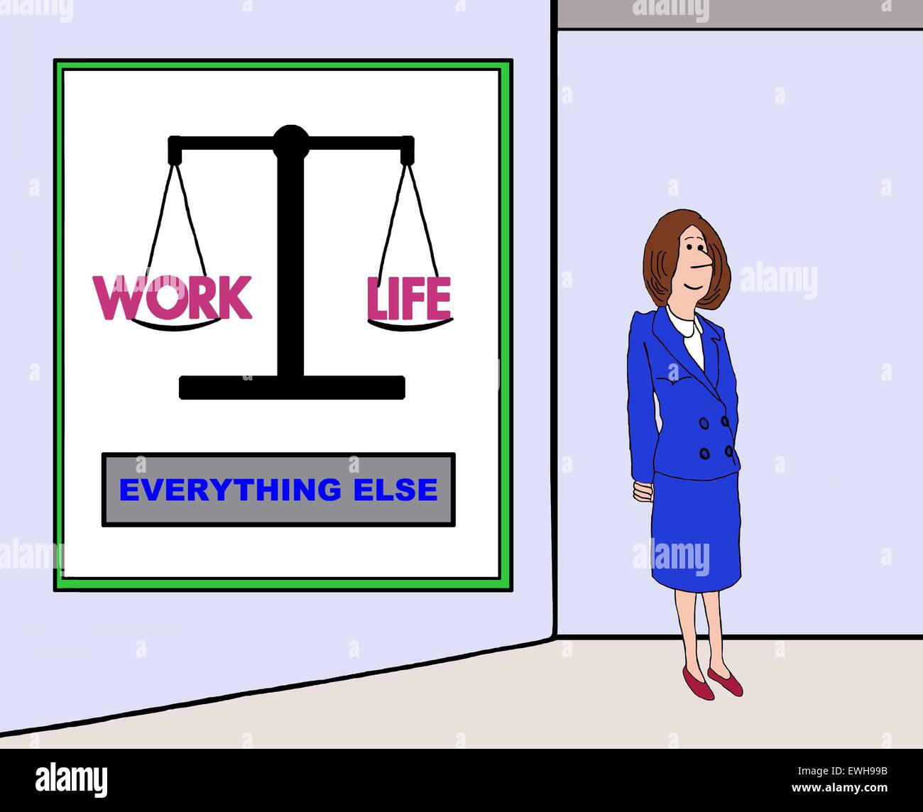 Business-Cartoon von Geschäftsfrau steht vor einem Diagramm, das zeigt "Arbeit" "Leben" Gleichgewicht auf einer Skala und "alles andere". Stockfoto