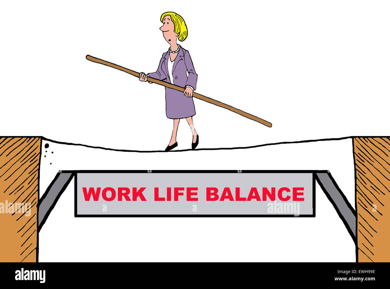 Business-Cartoon von Geschäftsfrau zu Fuß auf einem Drahtseil genannt "work-Life-Balance". Stockfoto