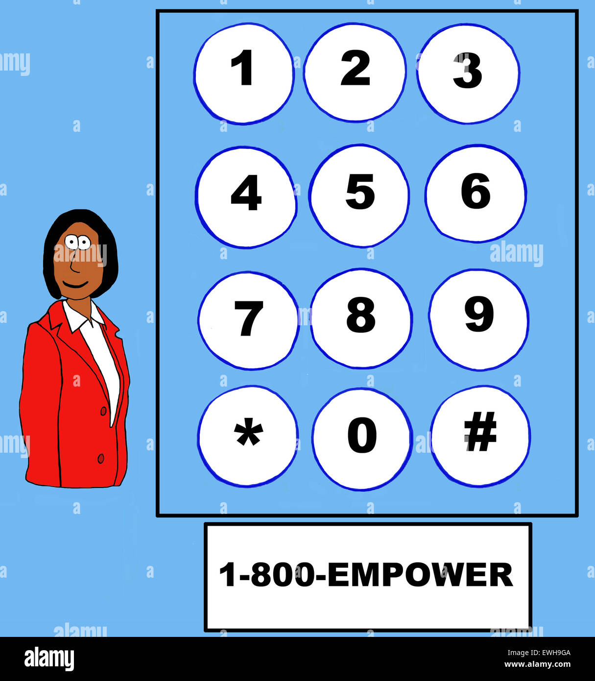 Geschäft Karikatur des schwarzen Geschäftsfrau, Telefon touch-Pad und 1-800-EMPOWER. Stockfoto