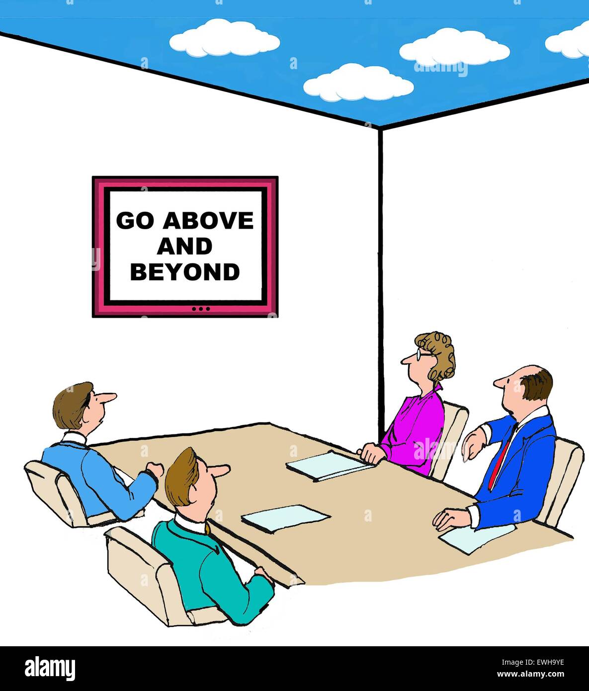 Geschäft Cartoon von Meeting-Raum, wo die Decke offen für den Himmel und Diagramm, das besagt ist: "nichts unversucht. Stockfoto