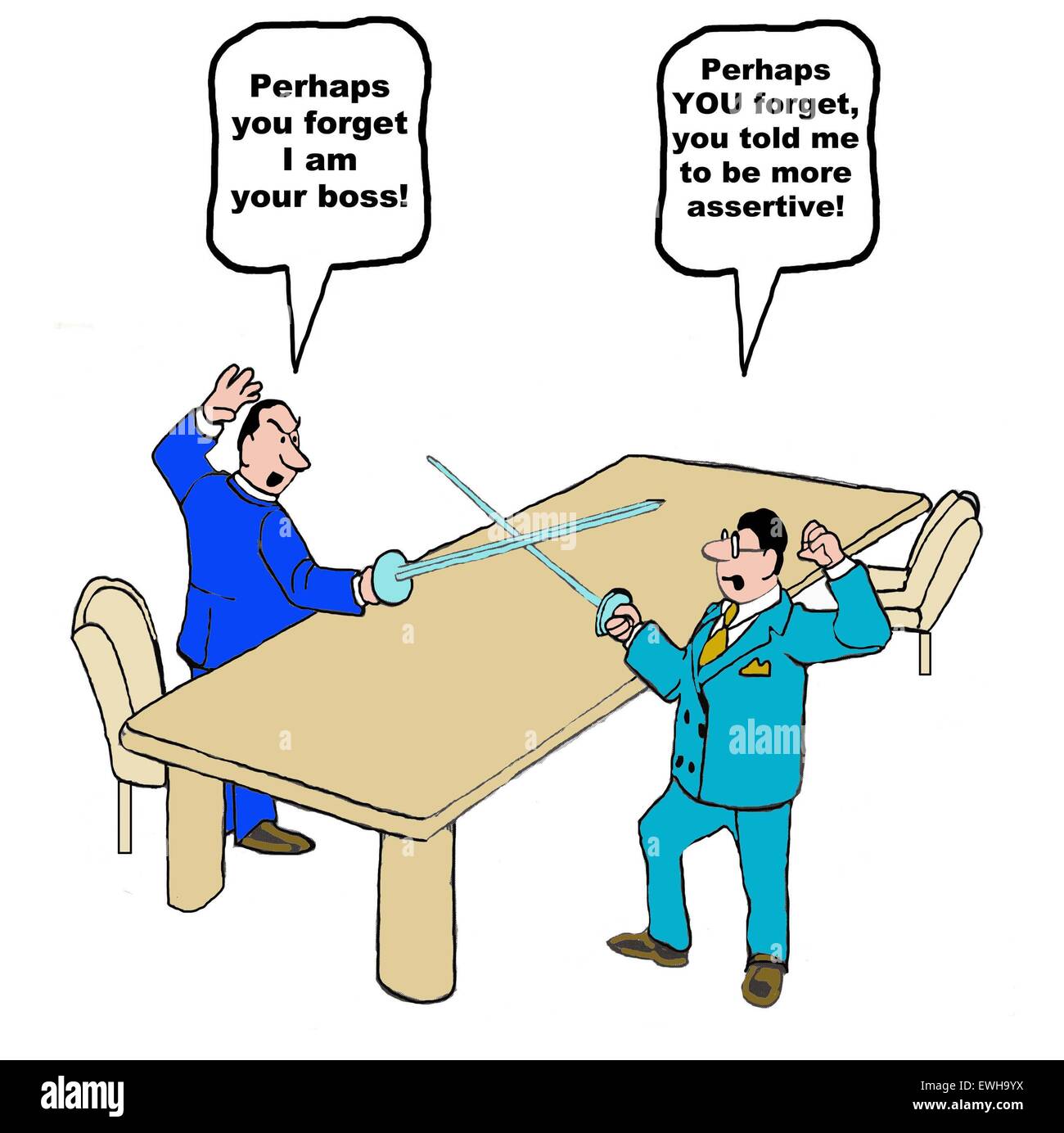 Business-Cartoon des Mitarbeiters Fechten mit Chef und sagen: "... Sie Tole mir zu mehr Selbstbewusstsein". Stockfoto