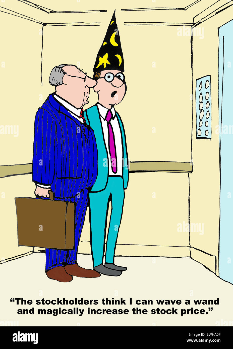 Business-Cartoon von Geschäftsmann in Zaubererhut sagen, "Aktionäre denke ich kann... wie von Zauberhand der Kurs der Aktie zu erhöhen". Stockfoto