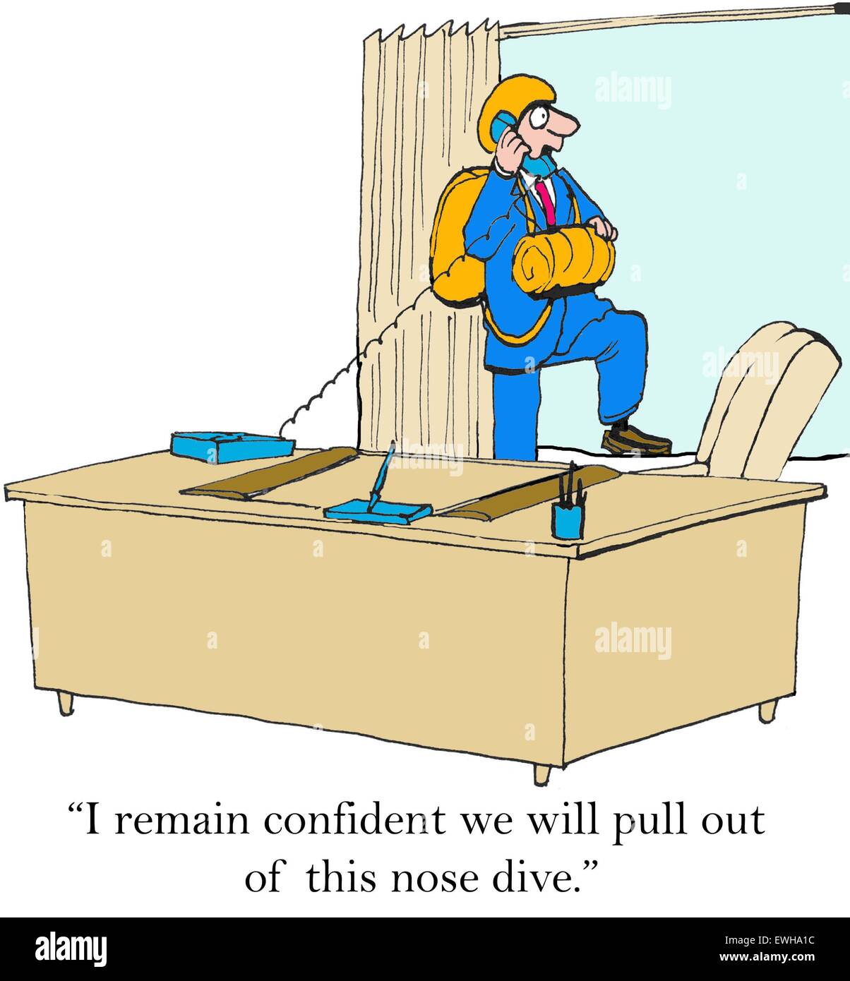Business-Cartoon von Geschäftsmann mit Fallschirm und widersprüchliche Signale, "Ich bleibe zuversichtlich, dass wir aus diesem Sturzflug ziehen wird". Stockfoto