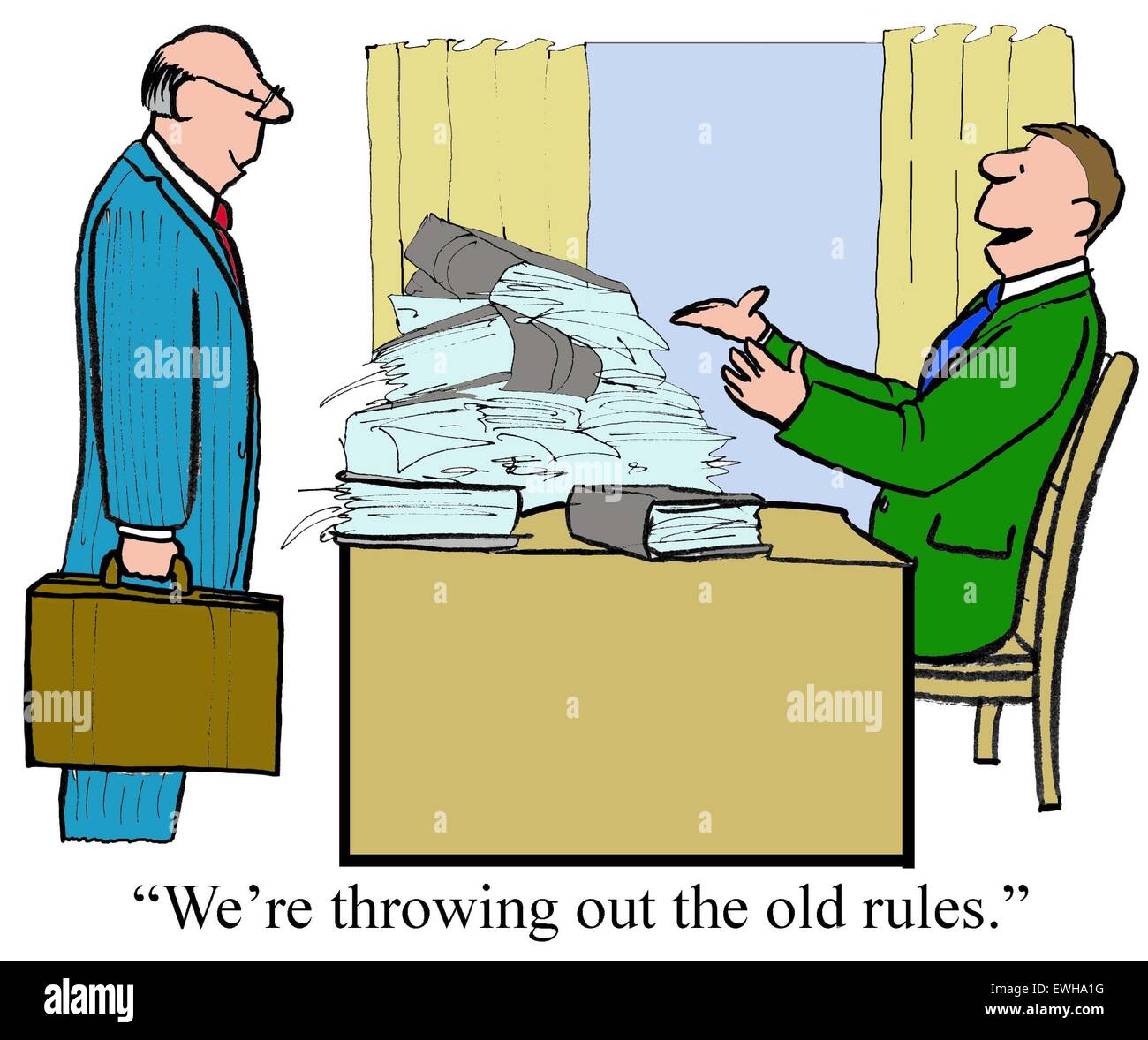 Geschäft-Cartoon der Geschäftsmann mit Bindemitteln auf seinem Schreibtisch sagte: "Wir sind die alten Regeln werfen". Stockfoto