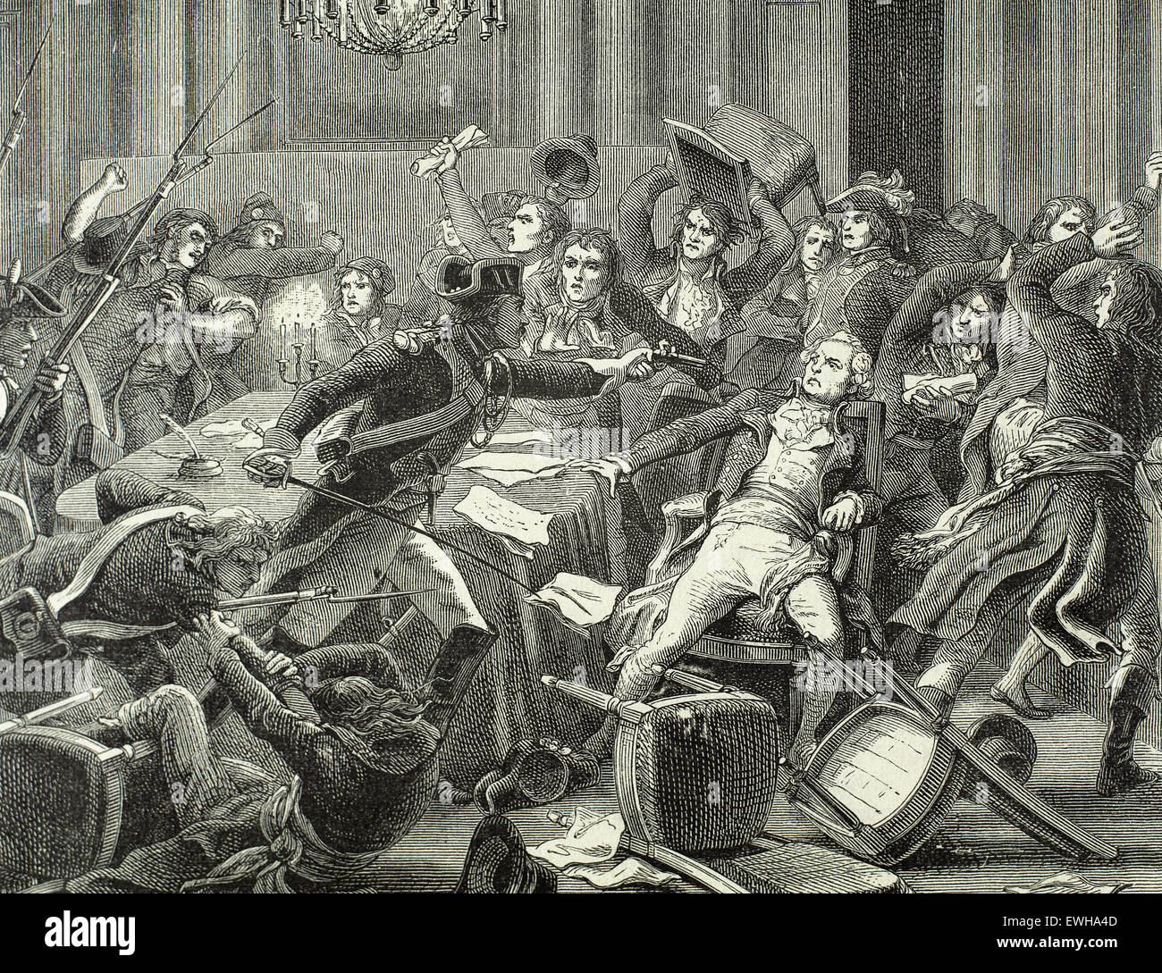 Thermidorian Reaktion. 9. Thermidor. 27. Juli 1794. Ergebnis. Ende der Herrschaft des Terrors. Paris. Frankreich. Gravur. des 19. Jahrhunderts. Stockfoto