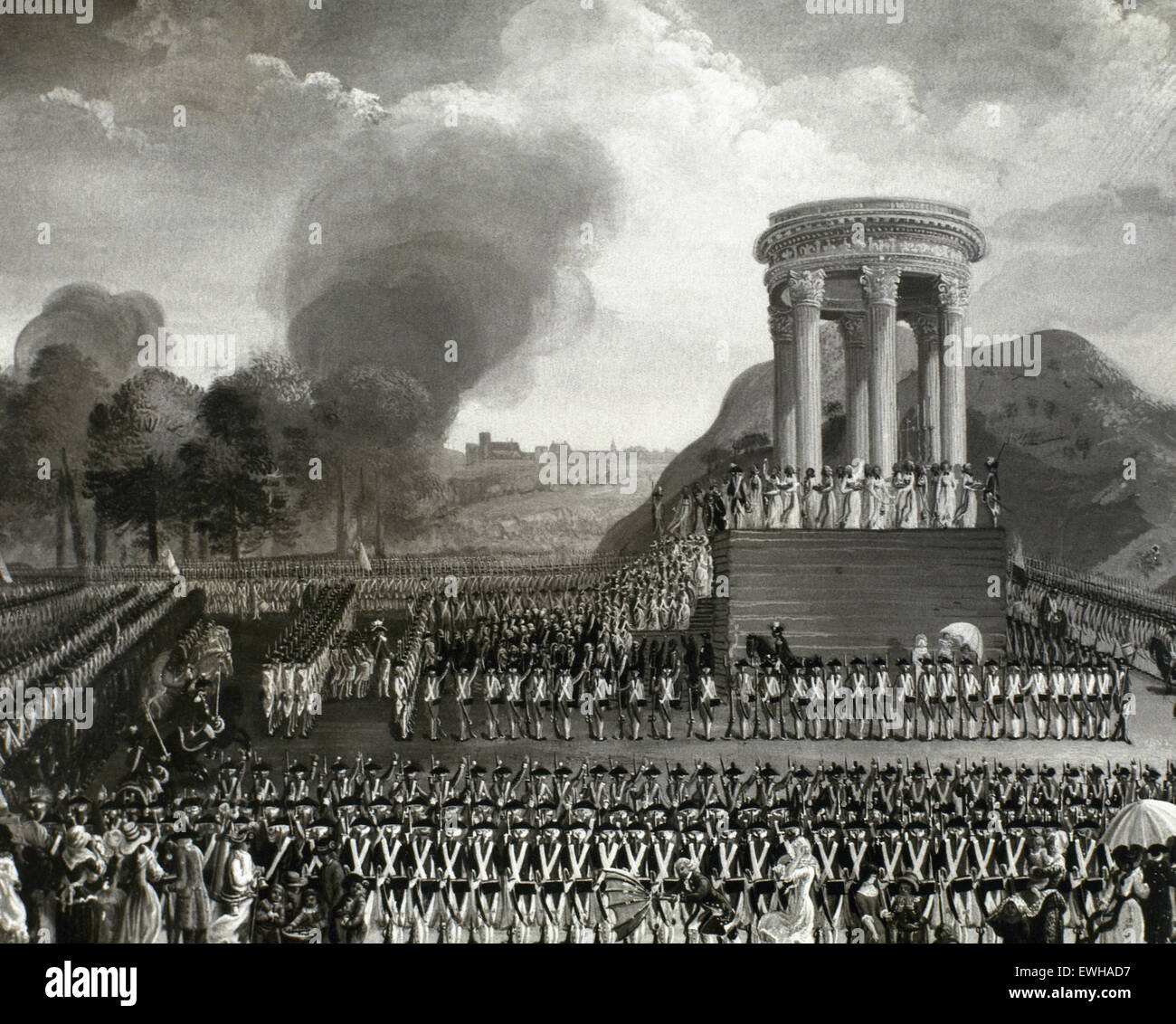 Französische Revolution.1789-1799. Partei der Föderation auf Mars. Der Sturm auf die Bastille zu gedenken.  14. Juli 1798. Gravur. Paris. Frankreich. Stockfoto