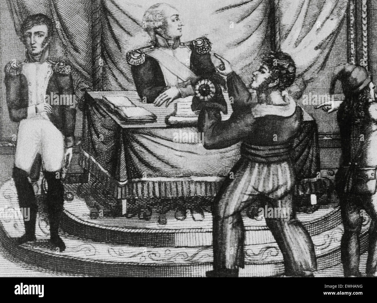 Französische Revolution. 1789-1799. Sansculottes bietet die phrygische Mütze, symbol Revolution, an König Louis XVI (Presoner). Gravur. Stockfoto