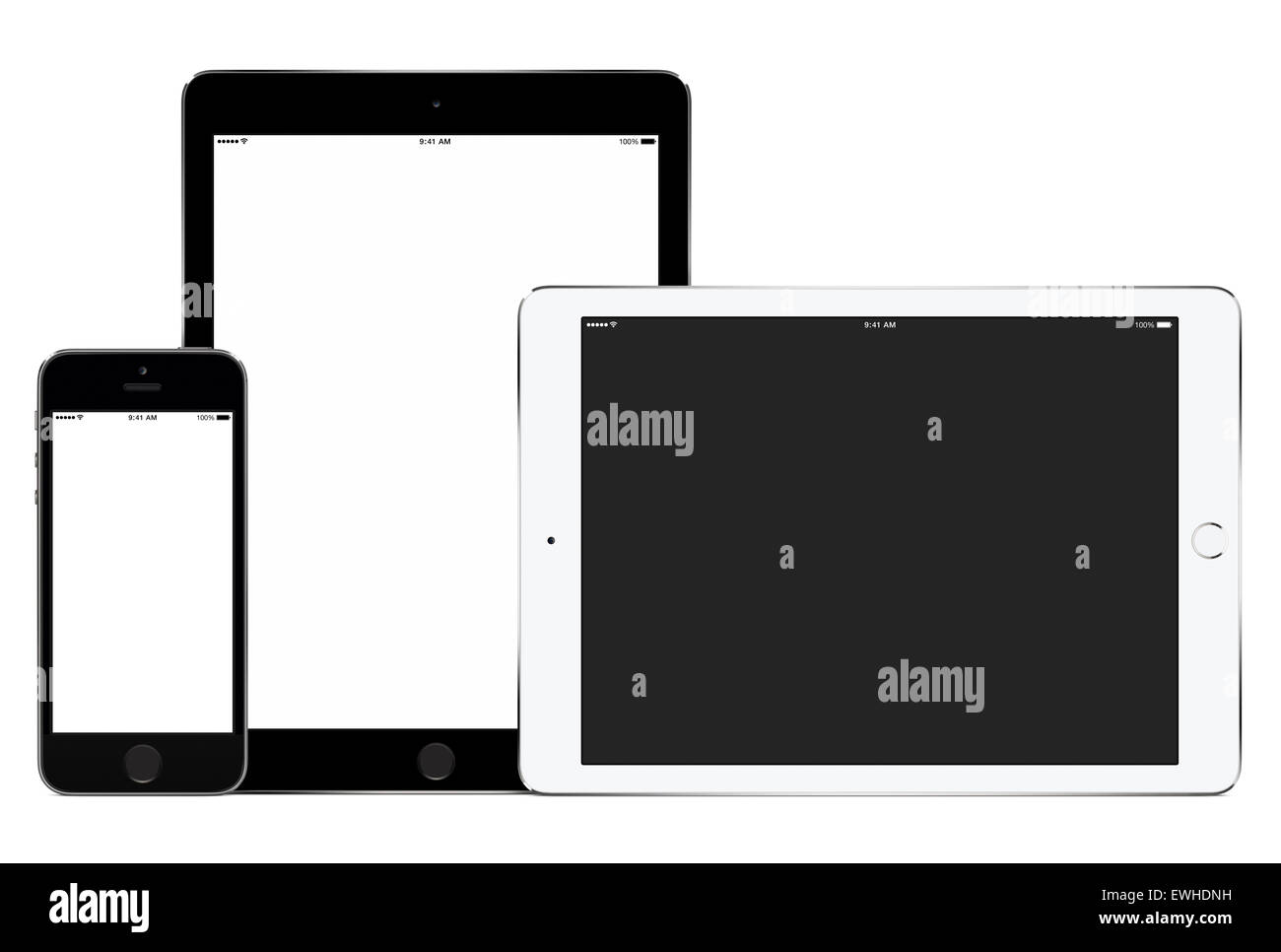 Mock-up des Smartphones und zwei tablet-PCs im Hochformat und Querformat für responsive Design-Präsentation. Stockfoto
