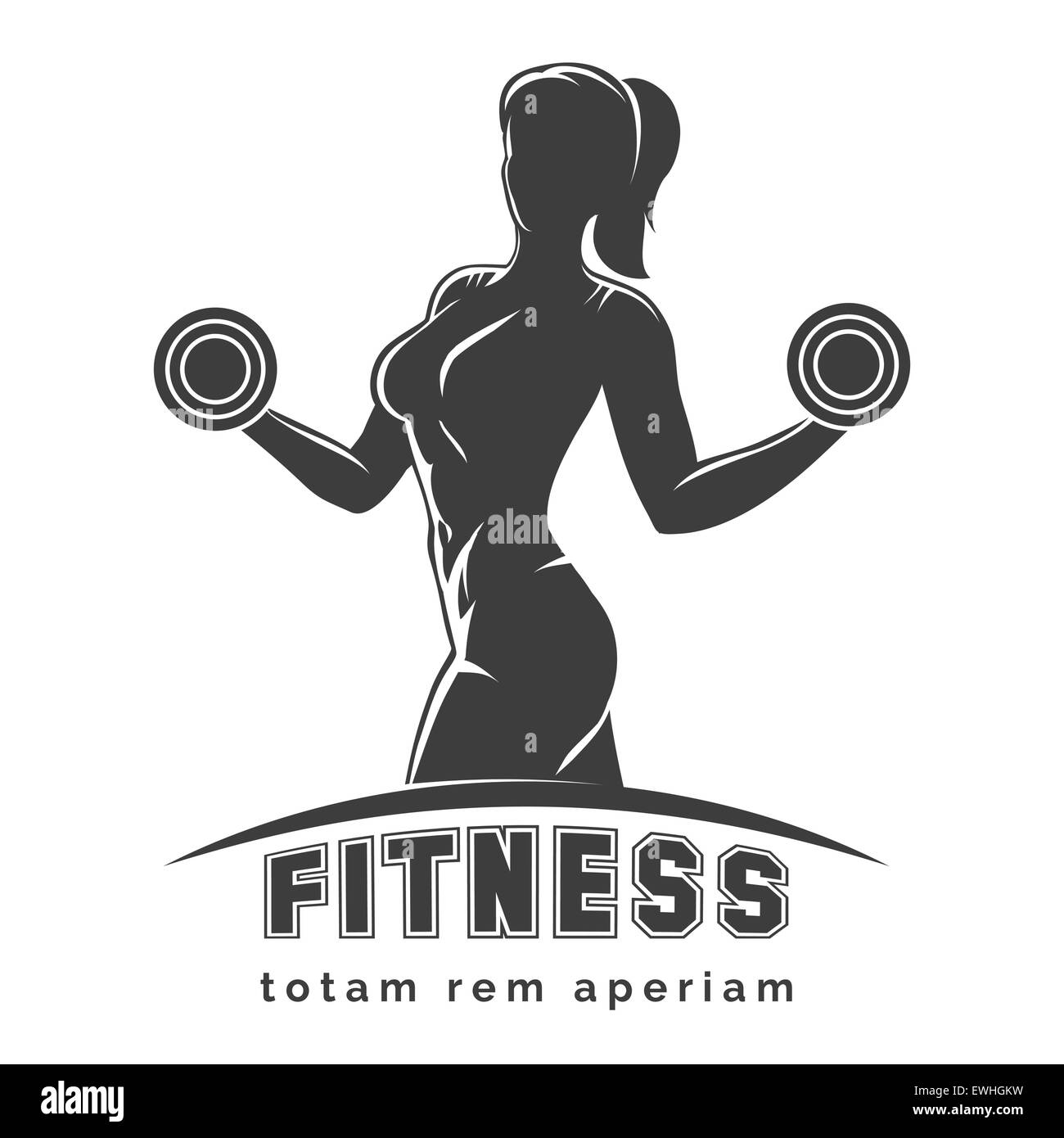 Fitness-Club-Logo oder Emblem mit Frauen-Silhouette. Frau hält Hanteln. Isoliert auf weißem Hintergrund. Kostenlose Schriftart SF Collegiate Stock Vektor