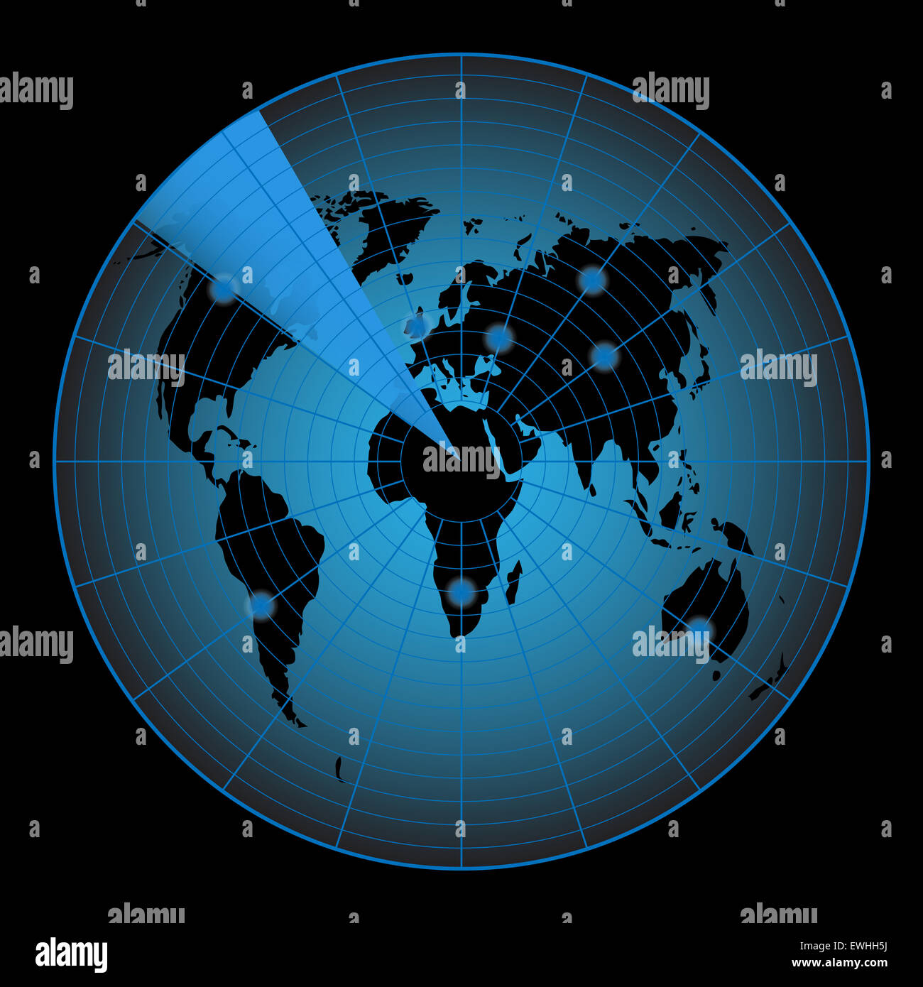 Radar-Karte der Welt. Bildschirm und Display, Target und Kontinent, Vektor-Grafik-illustration Stockfoto
