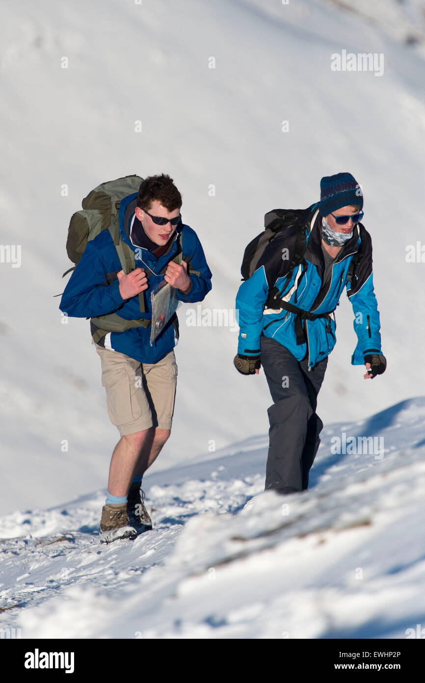 Wanderer und Kletterer im Schnee auf dem Gipfel des Pen y Fan, Brecon, Südwales. Stockfoto