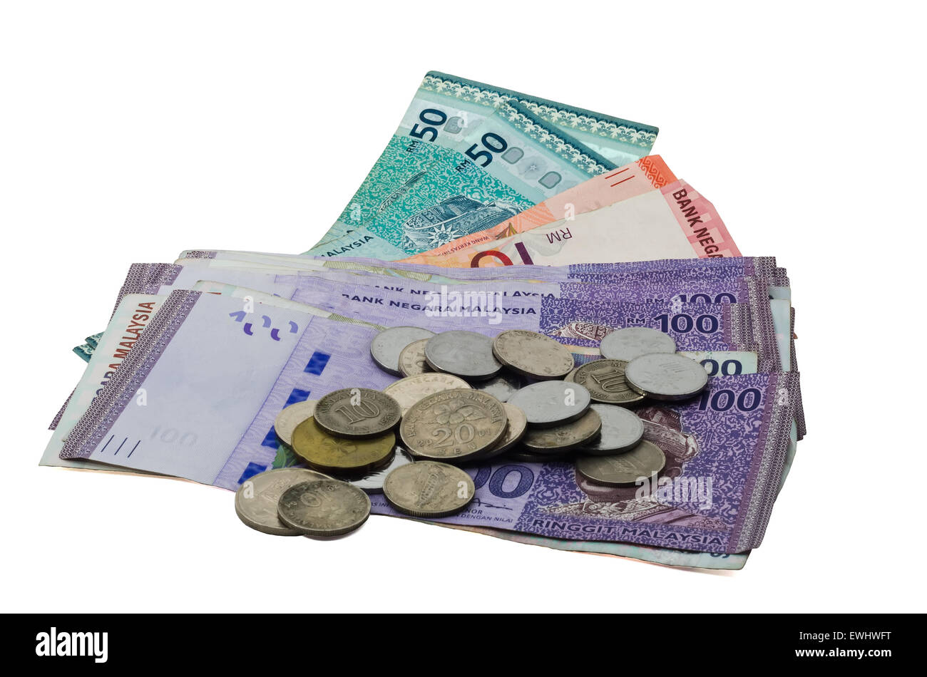 Malaysia Währung und Münzen auf dem weißen Hintergrund Stockfoto