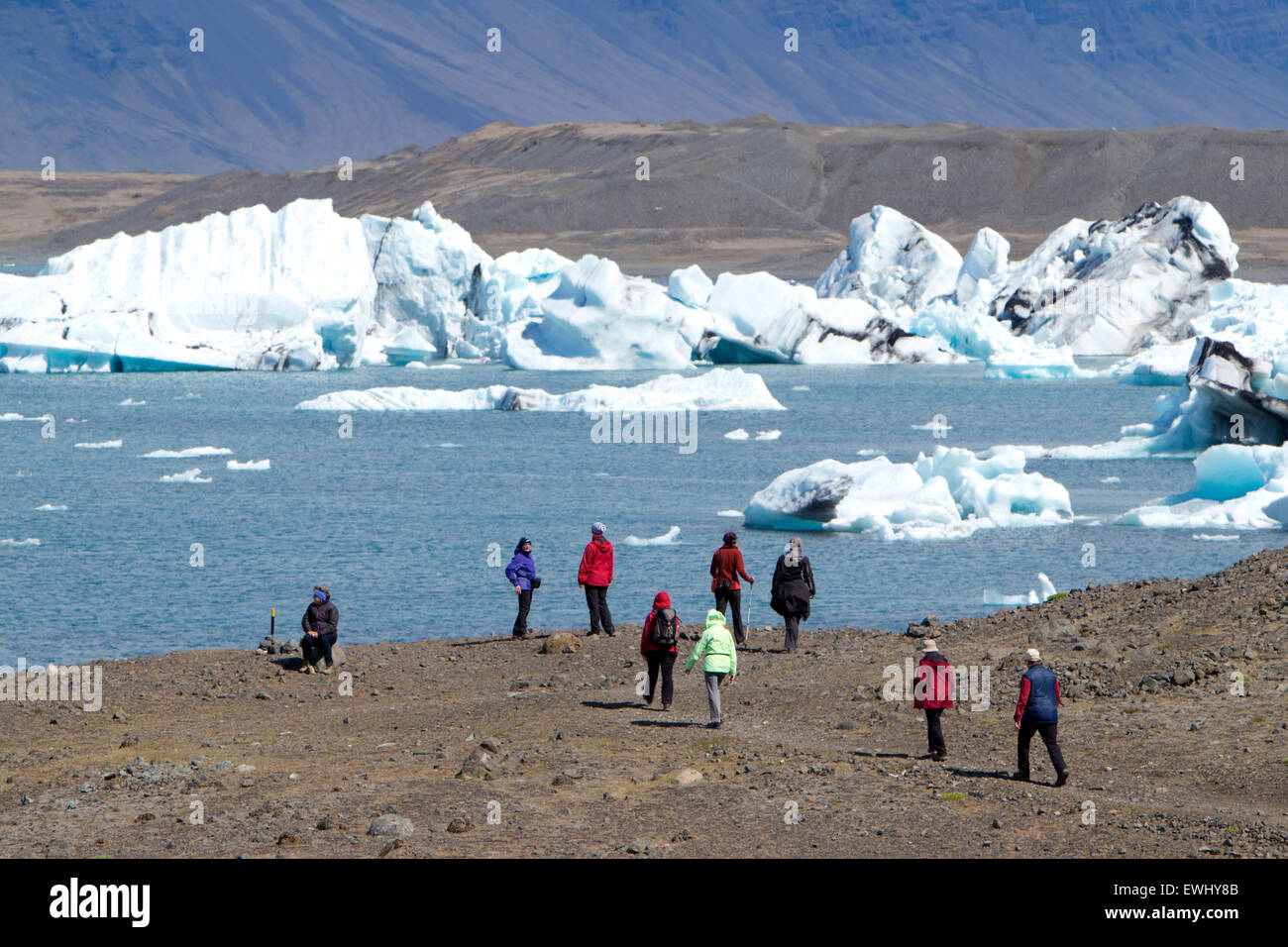 mittleren Alter Touristen zu Fuß Gruppe in der Gletscherlagune Jökulsárlón Island Stockfoto