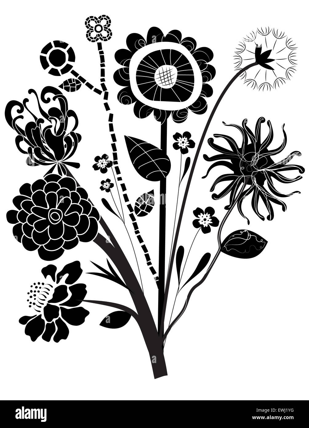 Schöne digitale Illustration ein elegantes Bouquet von Blumen in schwarz und weiß, Liebe zu geben Stockfoto
