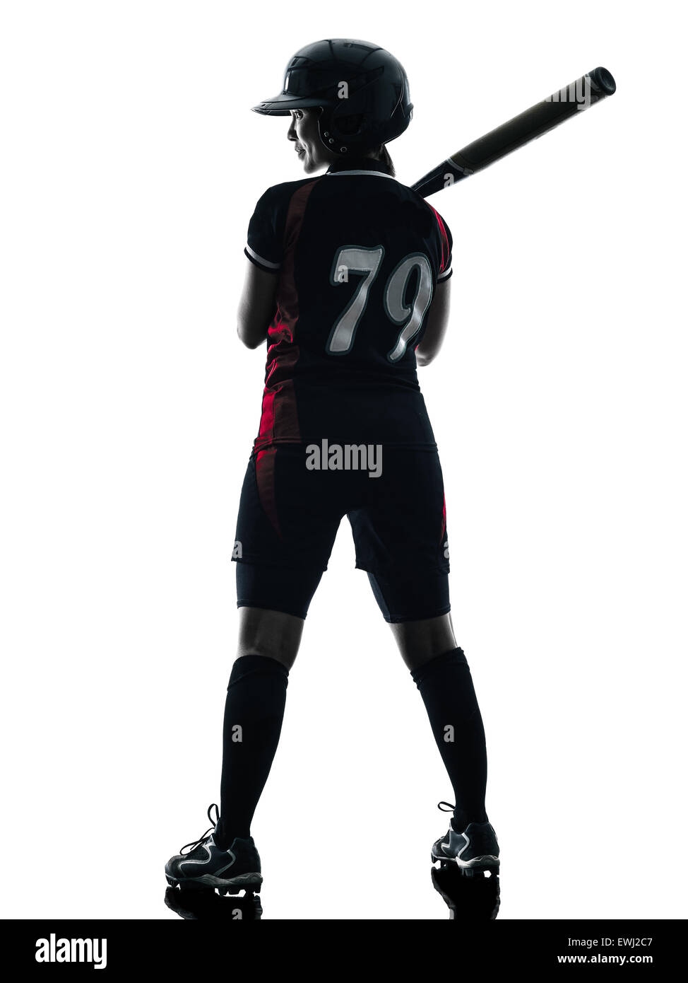 eine Frau spielen Softball-Spieler in der Silhouette isoliert auf weißem Hintergrund Stockfoto