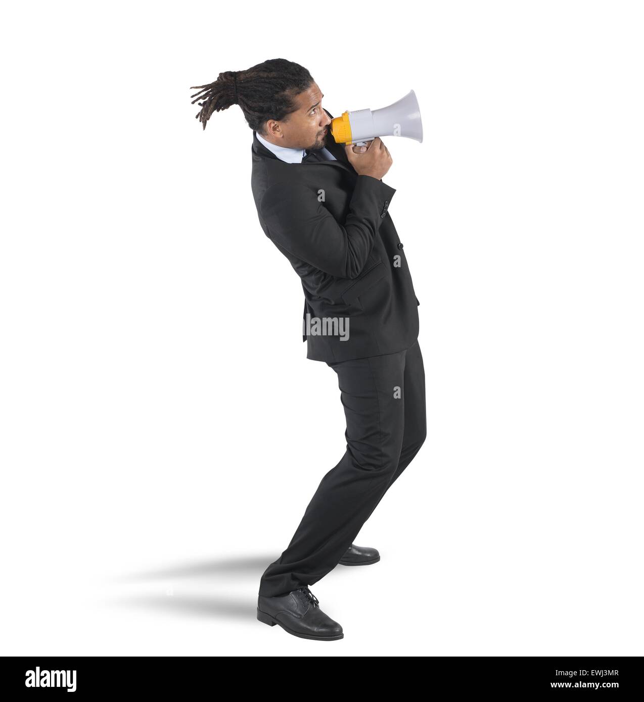 Geschäftsmann ängstlich Verwendung das Megaphon Stockfoto