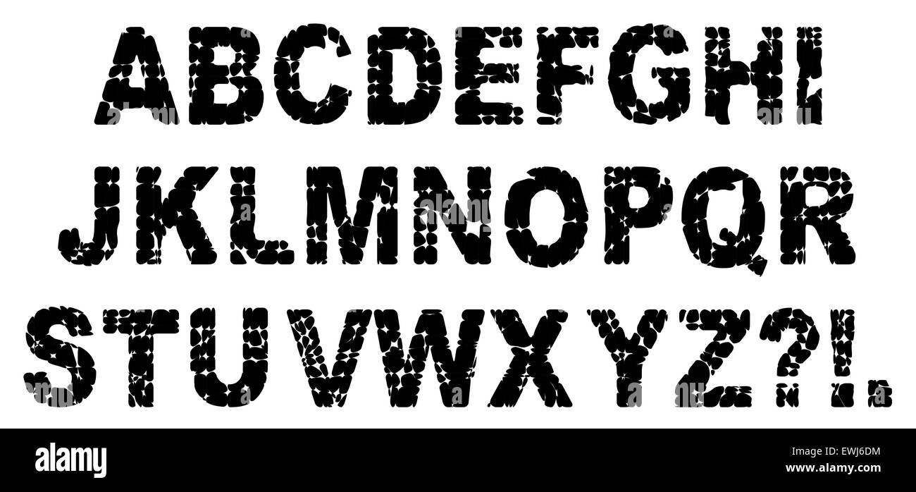 Das Alphabet als Briefe aus Kieselsteinen auf einem weißen Hintergrund erstellt Stockfoto