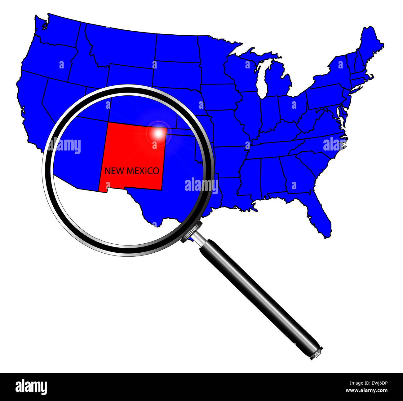 Umriss des Bundesstaates New Mexico gesetzt in einer Karte der Vereinigten Staaten von Amerika unter der Lupe Stockfoto