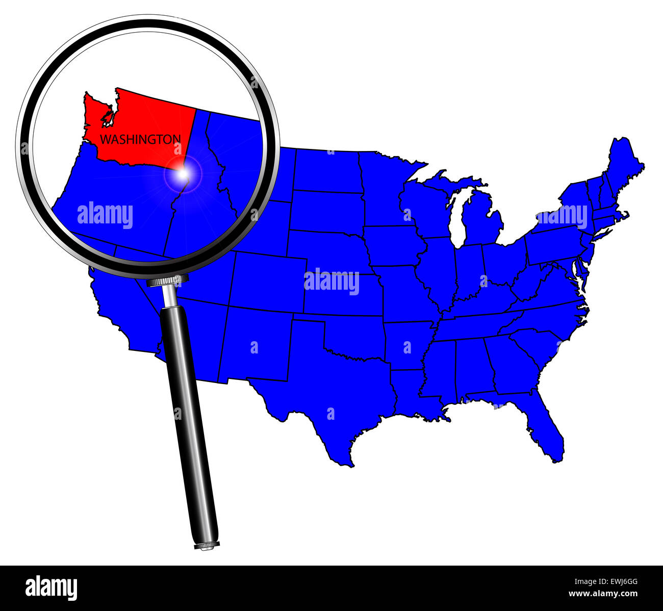 Umriss des Bundesstaates Washington setzen in einer Karte der Vereinigten Staaten von Amerika unter der Lupe Stockfoto