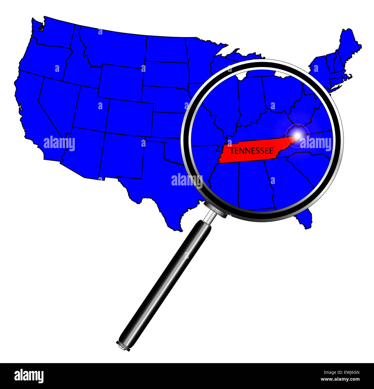 Umriss des Bundesstaates Tennessee legen Sie in eine Karte der Vereinigten Staaten von Amerika unter der Lupe Stockfoto