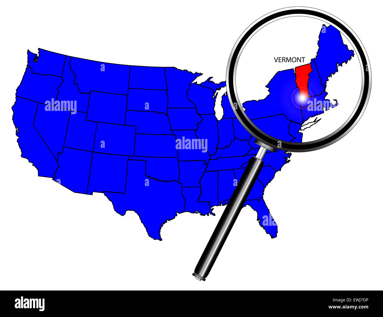 Umriss des Bundesstaates Vermont gesetzt in einer Karte der Vereinigten Staaten von Amerika unter der Lupe Stockfoto