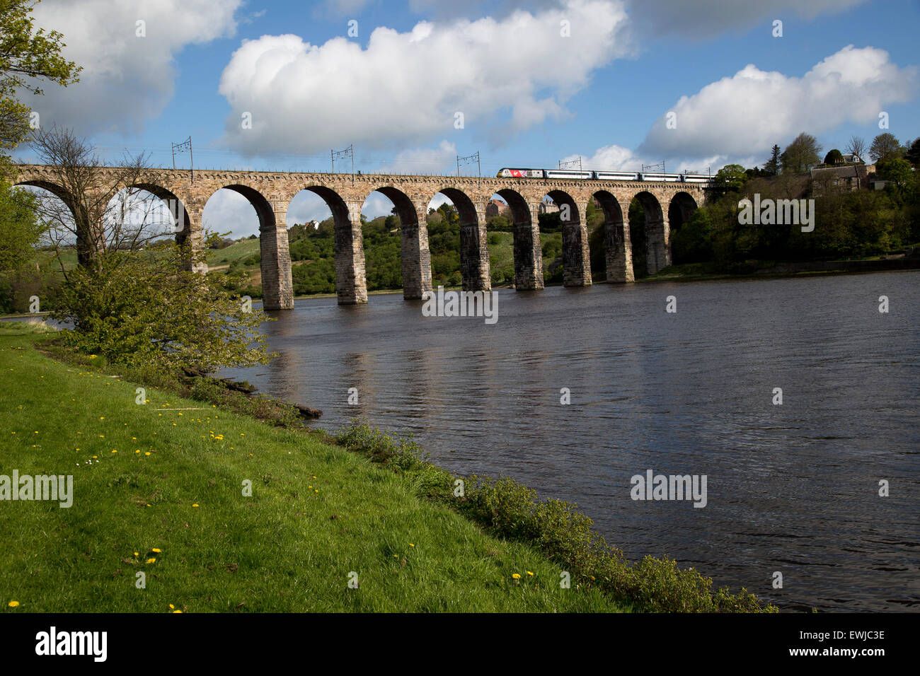 Trainieren der Eisenbahnviadukt über Fluss Tweed, Berwick-upon-Tweed, Northumberland, England, UK Stockfoto