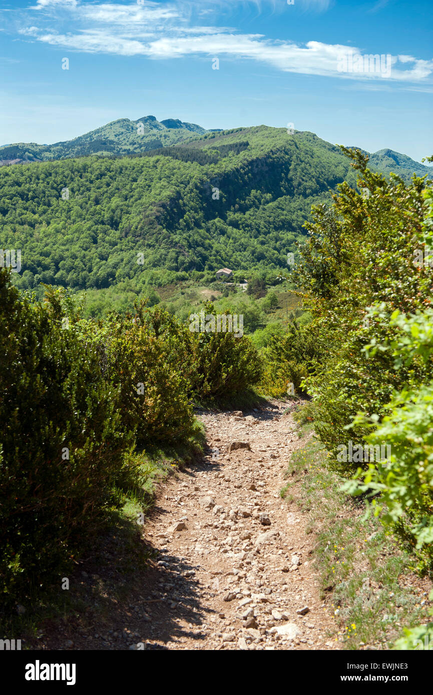 Wandern legendären Pech de Bugarach in den Ausläufern der Pyrenäen, Frankreich Stockfoto