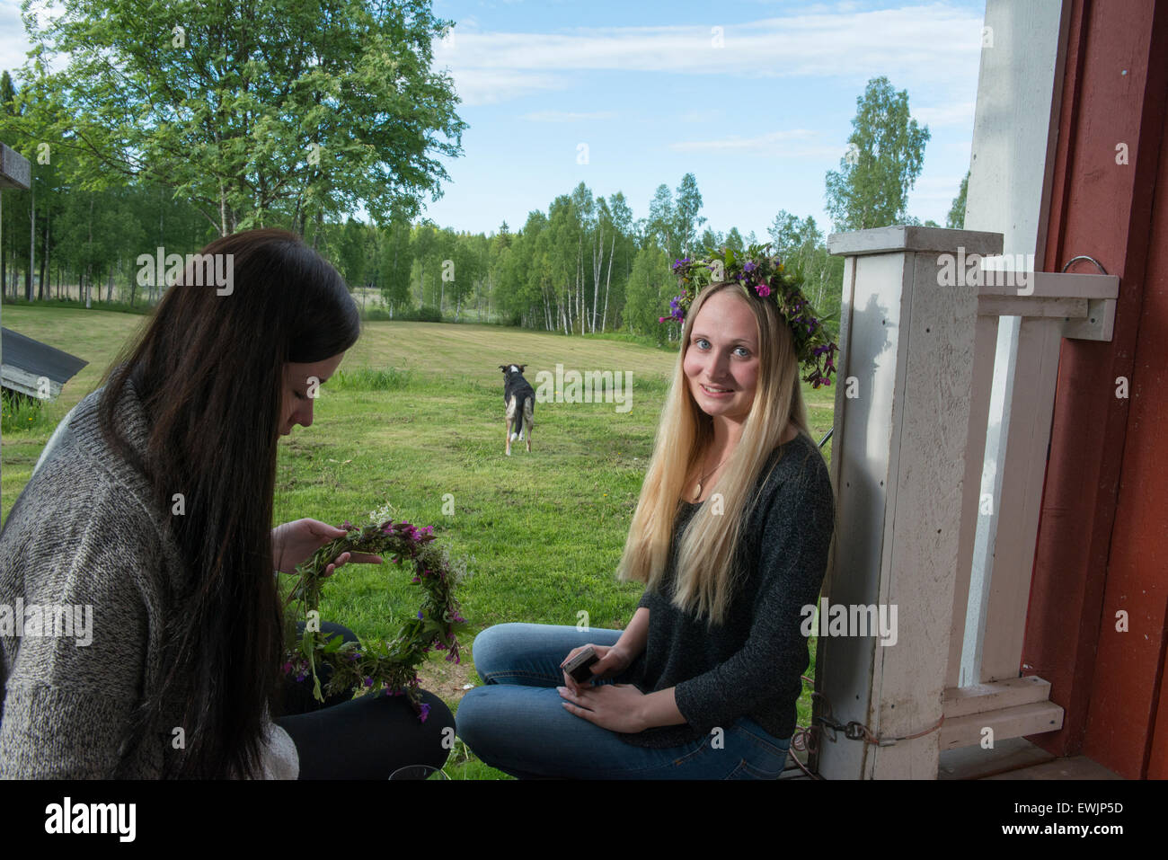 Schwedische Jugendliche machen den traditionellen Mittsommer-Kranz. Stockfoto